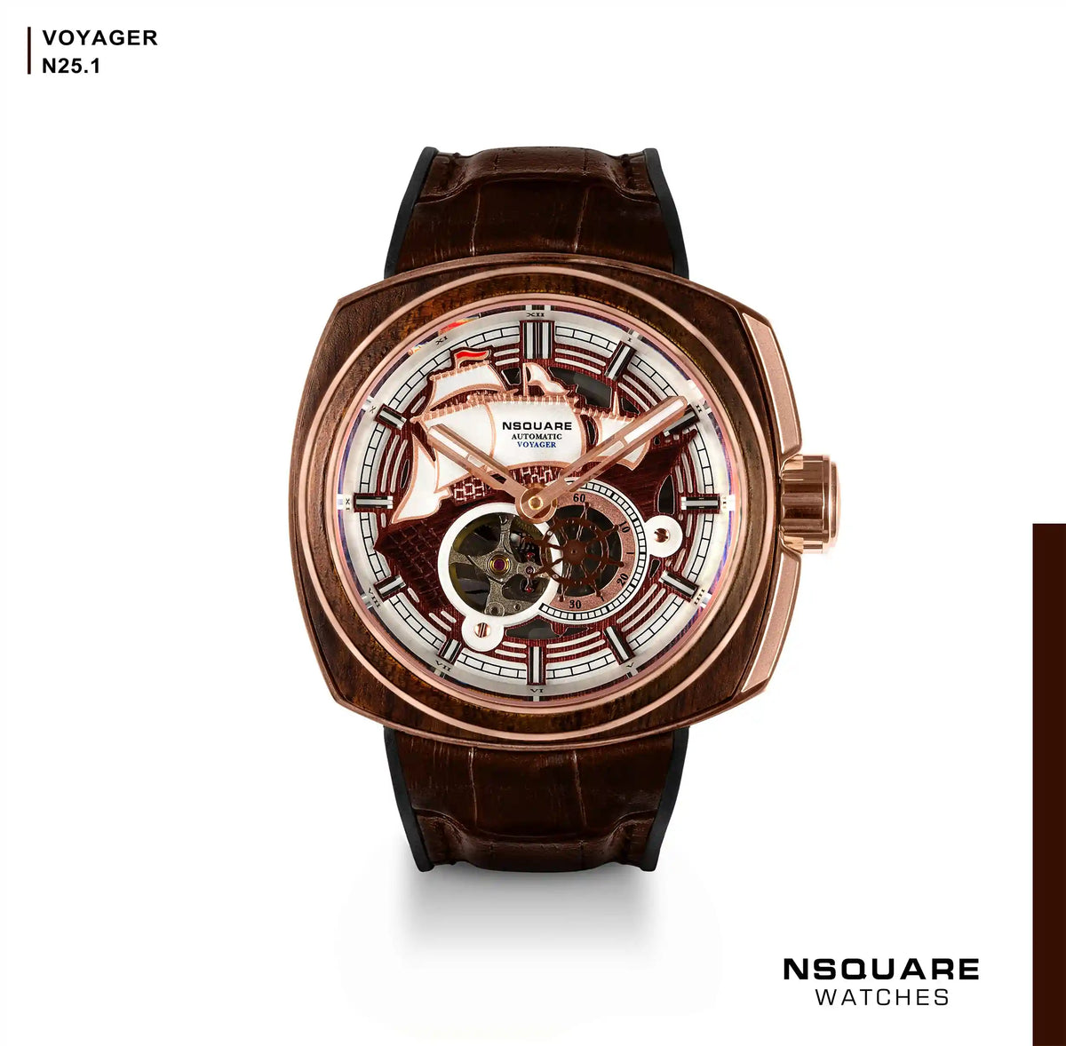 NSQUARE VOYAGER Automatic Watch -51mm N25.1 RG/Brown|NSQUARE 旅遊者 自動錶-51毫米 N25.1 玫瑰金色/棕啡色