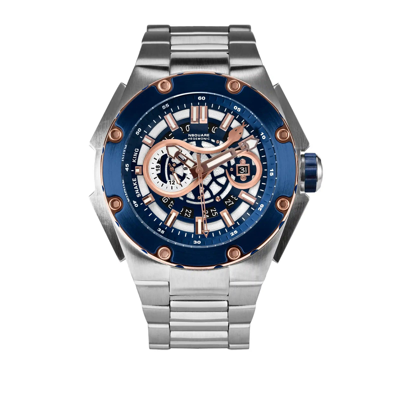 NSQUARE SnakeKing Automatic Watch-46mm N10.4 RG/Steel/SS Bracelet|蛇皇系列 自動錶-46毫米 N10.4 海岸藍色/不銹鋼錶鏈帶