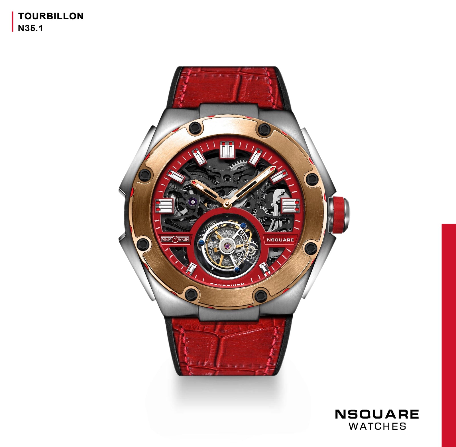 NSQUARE NM01-TOURBILLON Watch - 46mm N35.1 SS/RG/Red|NM01-陀飛輪 46毫米 N35.1 不銹鋼/玫瑰金/紅