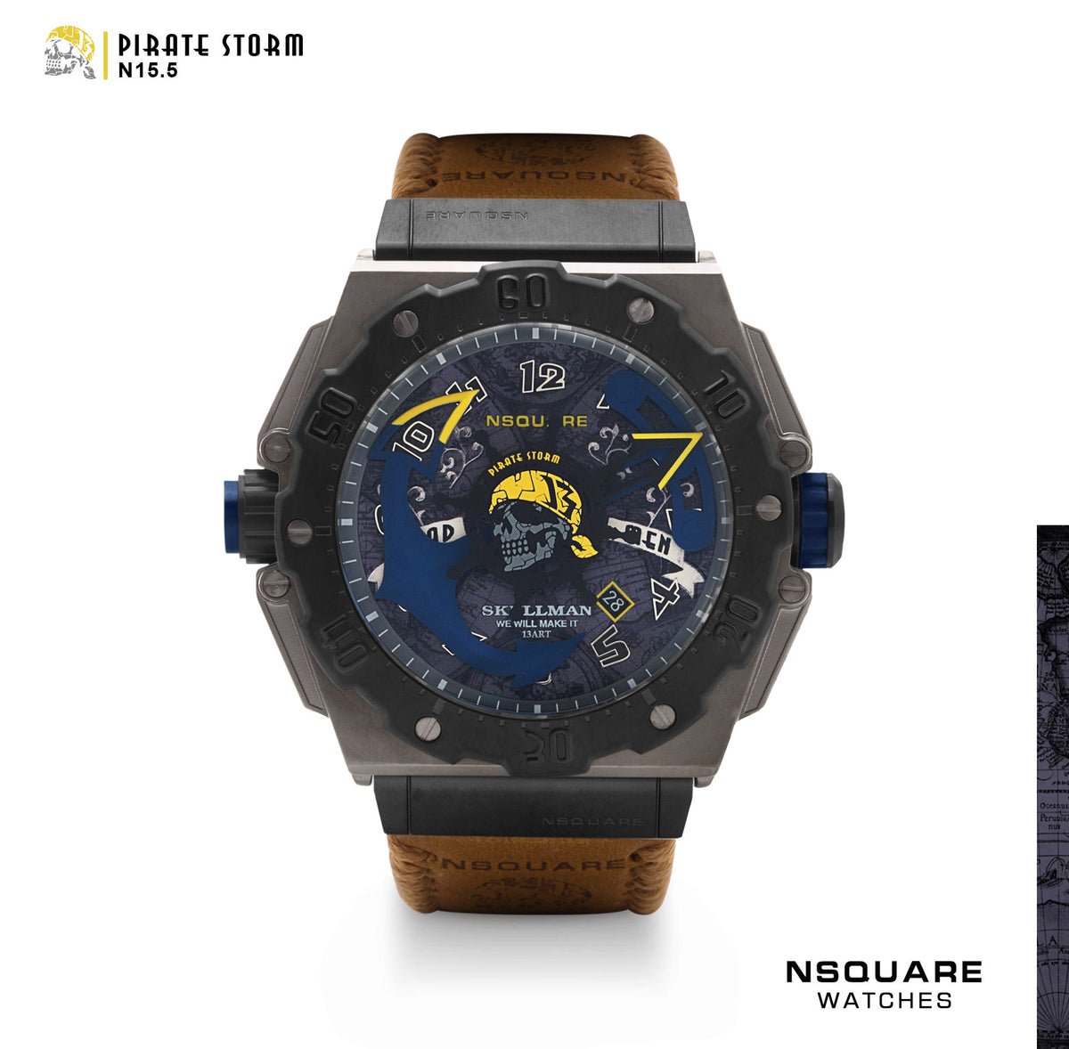 NSQUARE PirateStorm Automatic Watch - 48mm N15.5 Black/Vachetta Tan|海盜風暴 自動錶 - 48mm N15.5 黑色/棕褐色