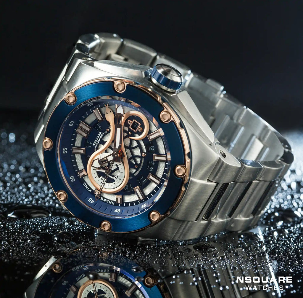 NSQUARE SnakeKing Automatic Watch-46mm N10.4 RG/Steel/SS Bracelet|蛇皇系列 自動錶-46毫米  N10.4 海岸藍色/不銹鋼錶鏈帶