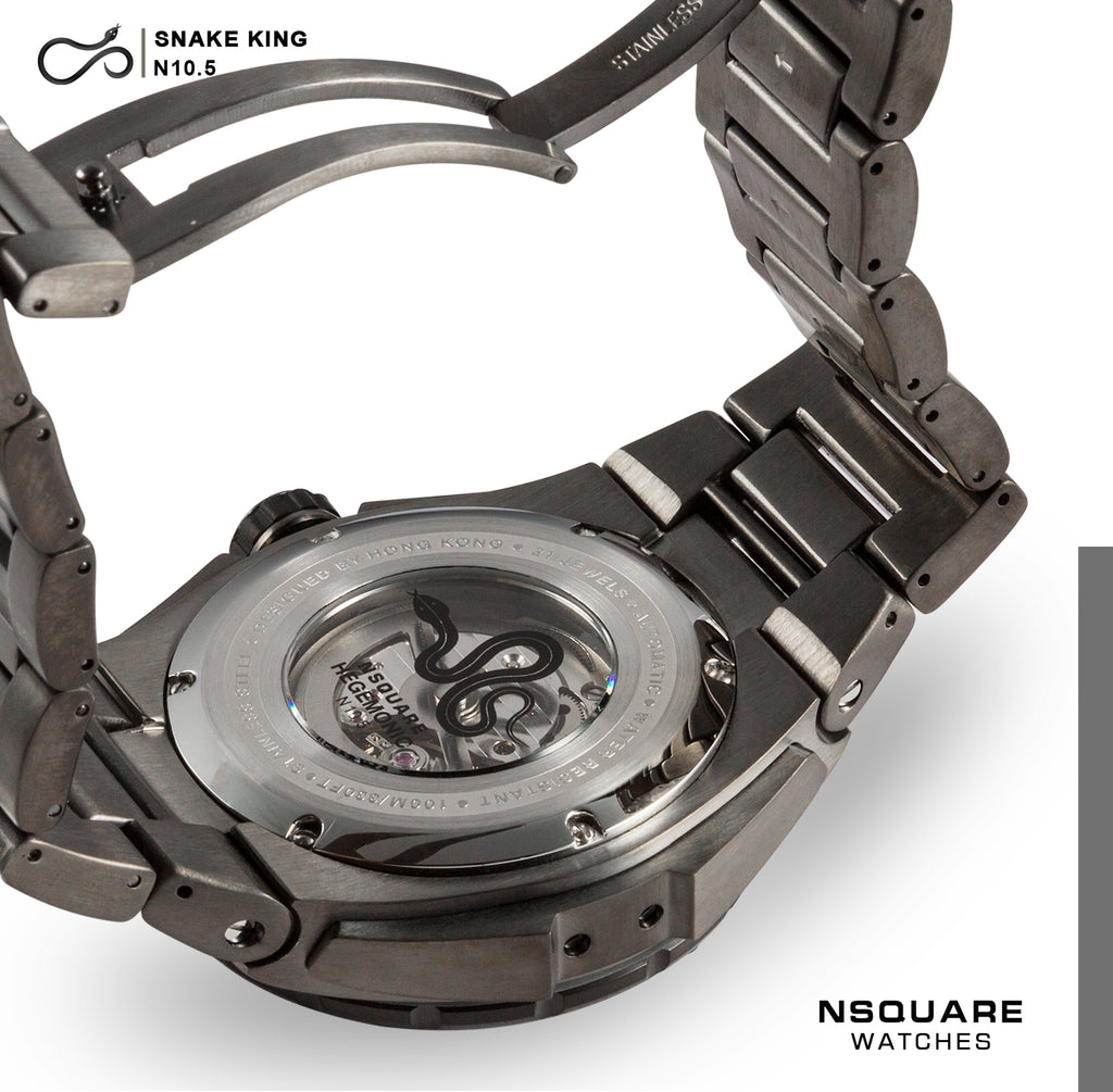 NSQUARE SnakeKing Automatic Watch-46mm N10.5 Gray Metal/Gun Bracelet|蛇皇系列 自動錶-46毫米 N10.5 灰/灰色鋼錶鏈帶