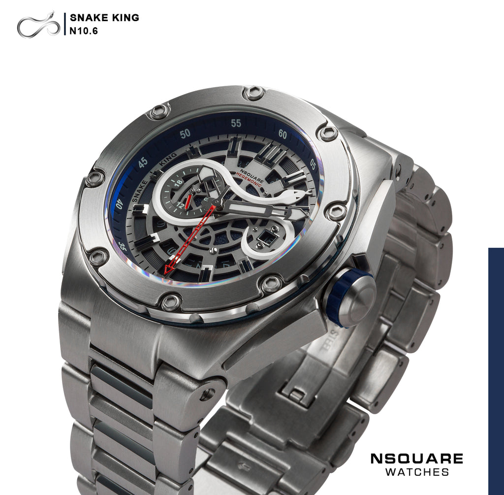 NSQUARE SnakeKing Automatic Watch-46mm N10.6 Blue Steel/SS Bracelet|蛇皇系列 自動錶-46毫米 N10.6 鋼藍色/不銹鋼錶鏈帶