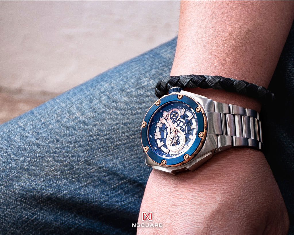 NSQUARE SnakeKing Automatic Watch-46mm N10.4 RG/Steel/SS Bracelet|蛇皇系列 自動表-46毫米 N10.4 海邊藍色/不銹鋼錶鍊